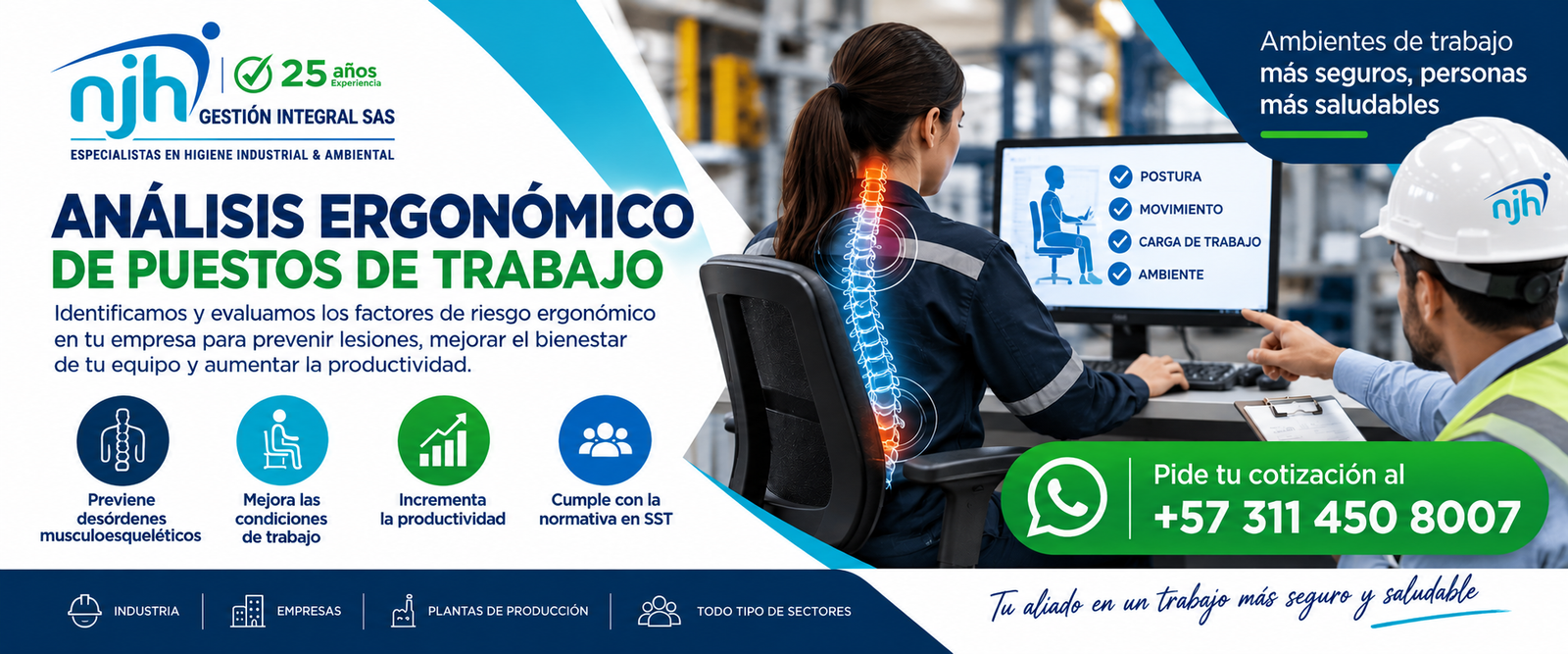 Realizamos análisis ergonómico de puesto de trabajo para identificar riesgos laborales y prevenir lesiones. Solicita tu evaluación con NJH Ingeniería.